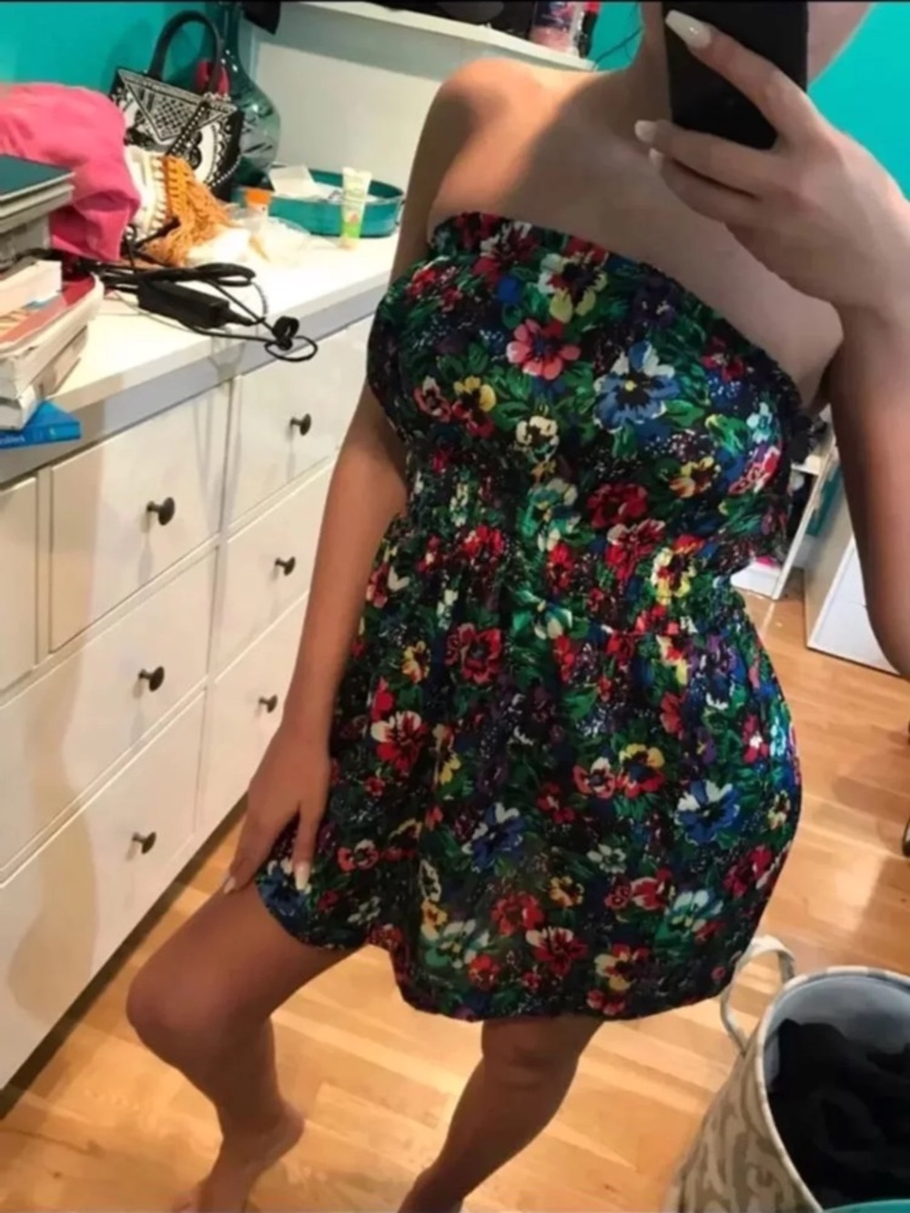 Forever 21 Black Floral Strapless Dress